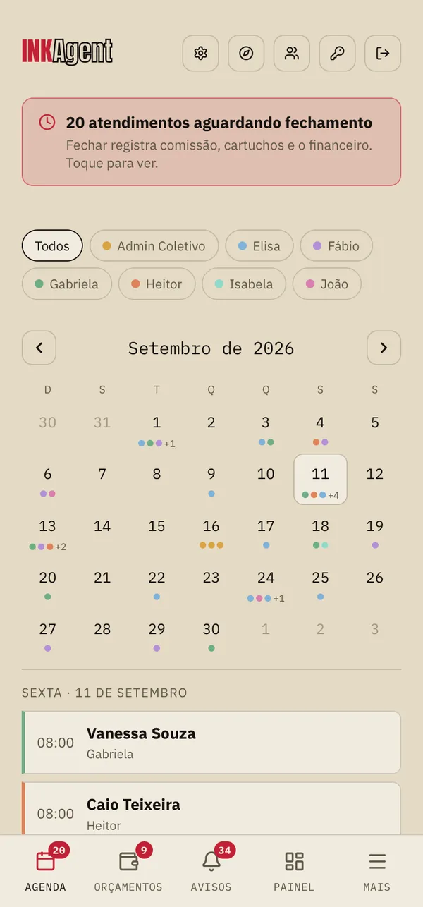 Agenda do InkAgent no modo claro